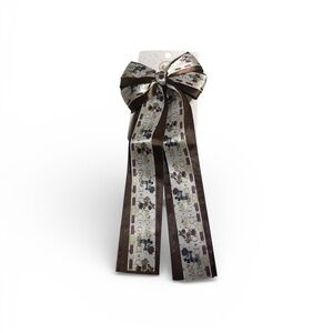 Brown Satin Bow Ribbon Clip with Mickey and Minnie Luxury Pattern